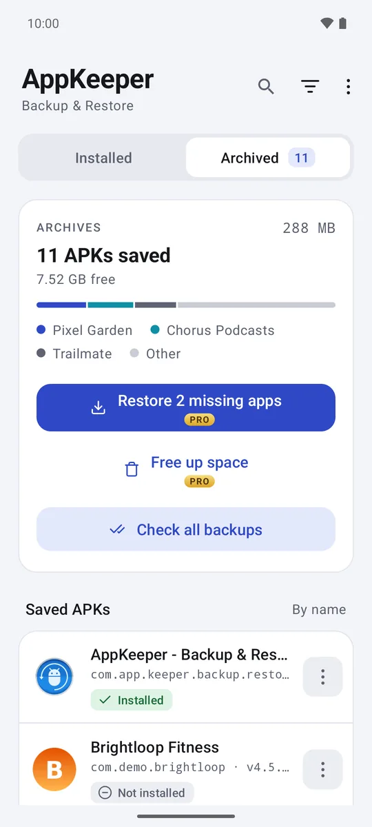 Archived tab with 11 saved APKs, 288 MB, and buttons to restore missing apps and check all backups
