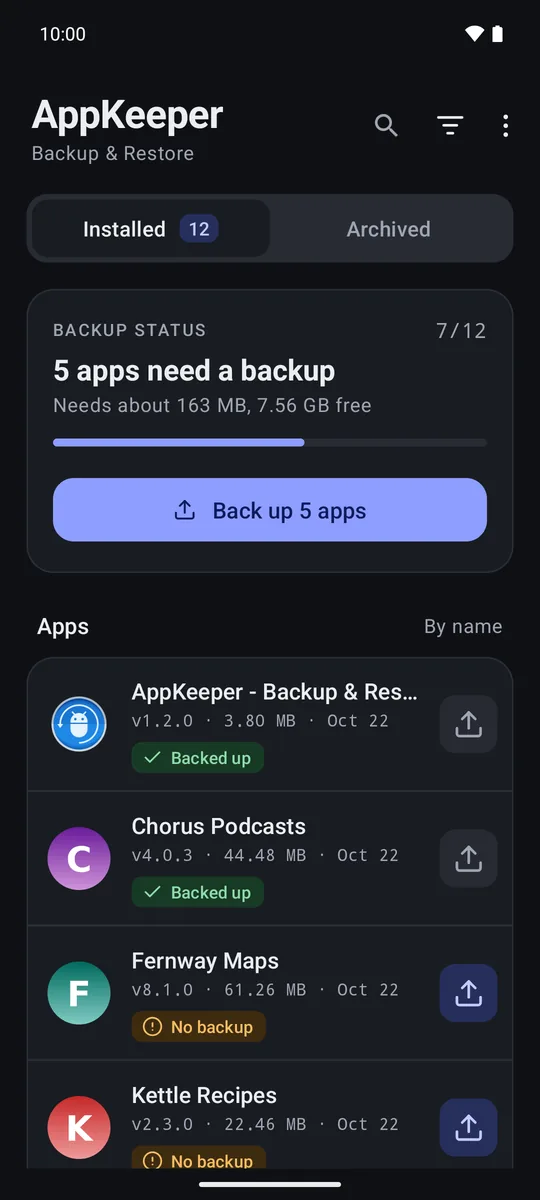 The Installed tab in night mode